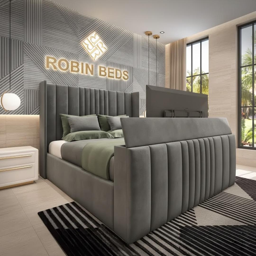 Robin Luxury Charcoal Velvet TV Lift Bed – Upholstered Vertical Fluted Wingback Smart Bed