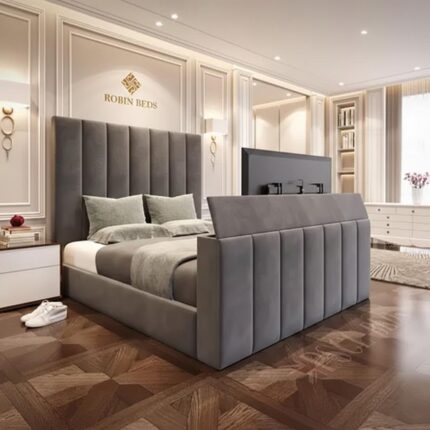 Robin Classic Grey Velvet TV Lift Bed Frame – Luxury Deep-Paneled Smart Bed