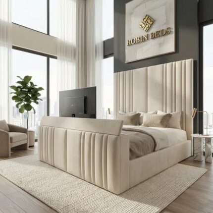 Luxury TV Bed Frame with Built-In TV Lift – Upholstered Modern Bed UK